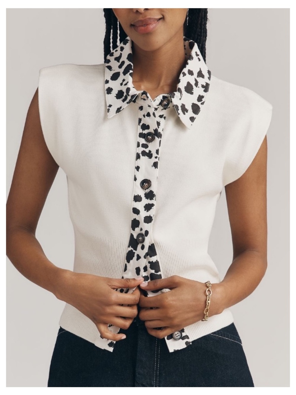 🟤NWT MAEVE/ANTHROPOLOGIE Collared Denim Muscle Sweater Vest White/Cow Print XS